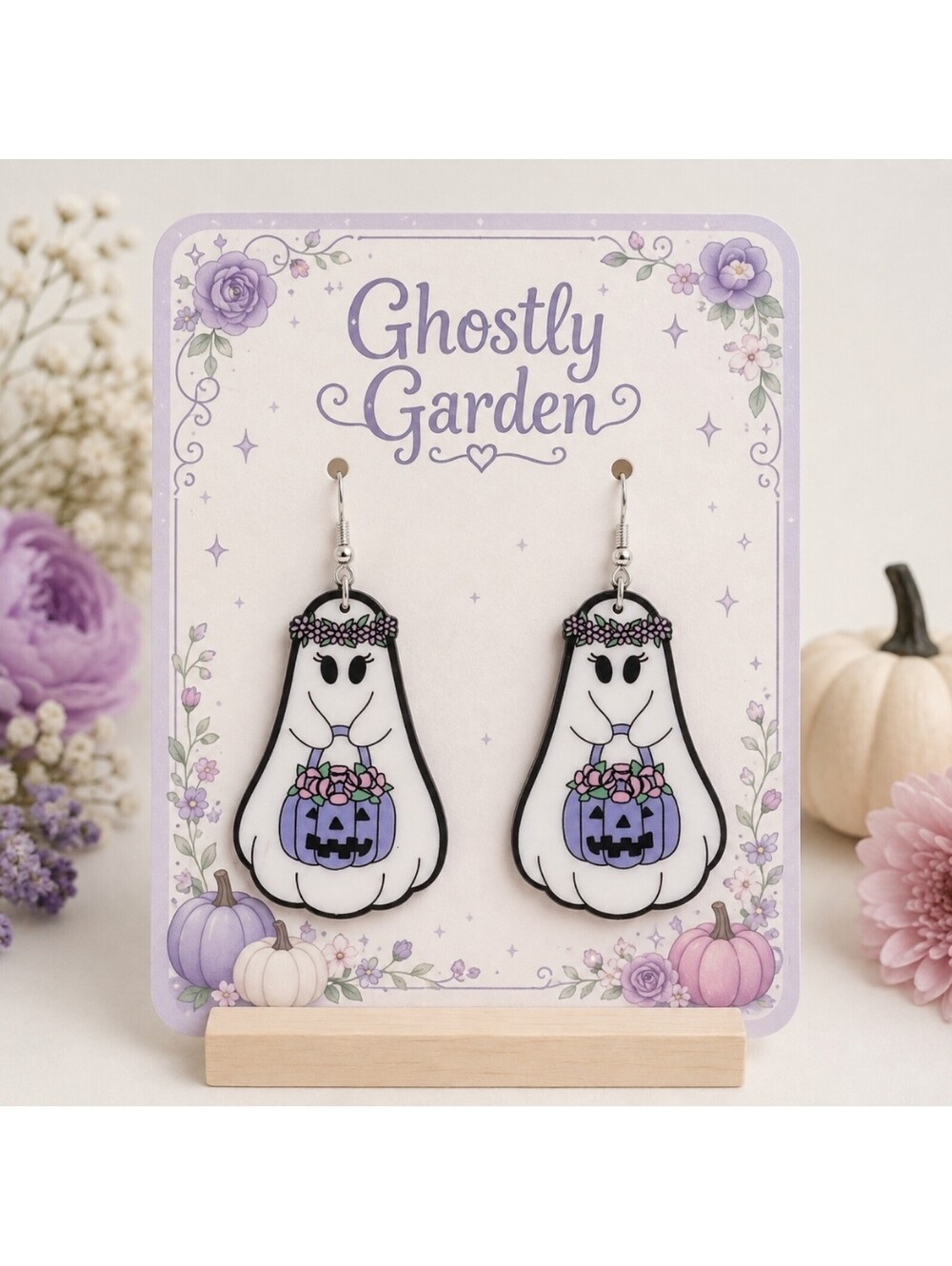 Ghostly Garden Halloween Ghost Earrings with Pumpkin Basket